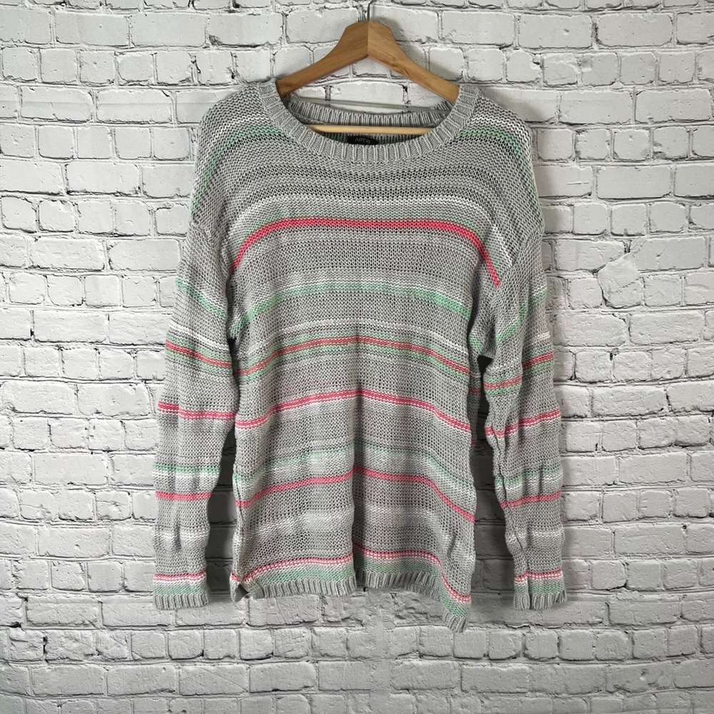 Apt 9 Womens 0X Striped Open Knit Sweater Gray Pink Green Cotton Blend Pullover